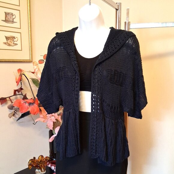 NWT Navy Blue Knit Shrug Open Front Hooded Cardigan Lightweight Ladies Sweater - Picture 2 of 7